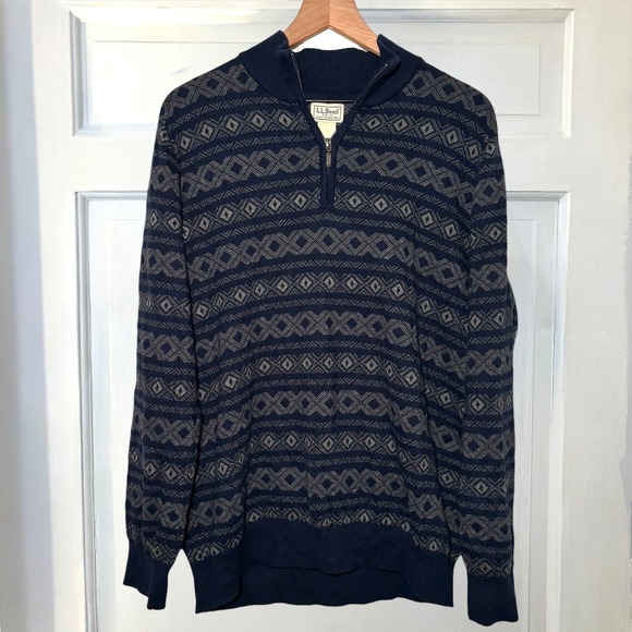 LL Bean Quarter Zip Sweater Fair Isle Mens XL Navy Cotton Cashmere Knit pullover - Picture 4 of 6